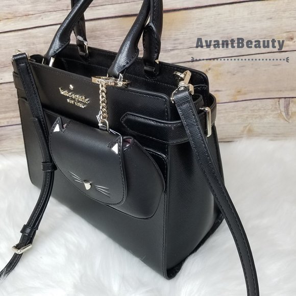 Kate Spade New York Staci Medium Satchel Black Crossbody With Cat Meow Key Fob - Picture 14 of 15